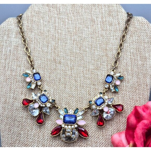 Loft Chunky 3-D Multicolor Statement Necklace Faceted Stones Gold Tone 20.5" - Picture 2 of 7